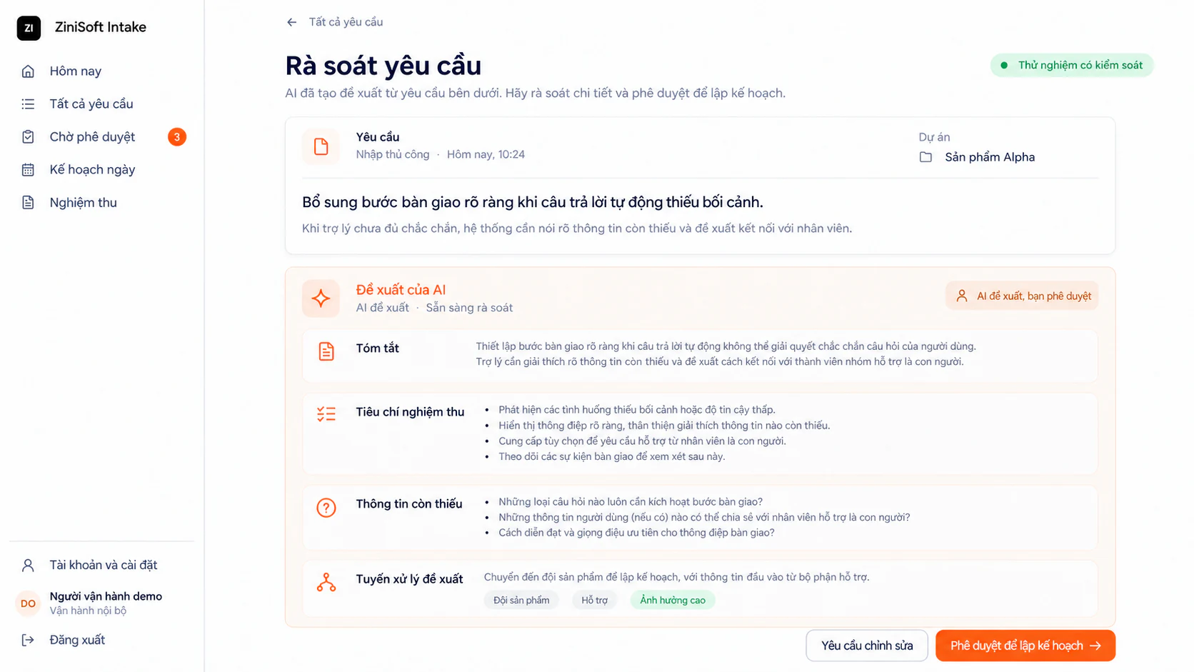 Giao diện rà soát Intake bằng tiếng Việt, hiển thị đề xuất của AI đang chờ con người phê duyệt