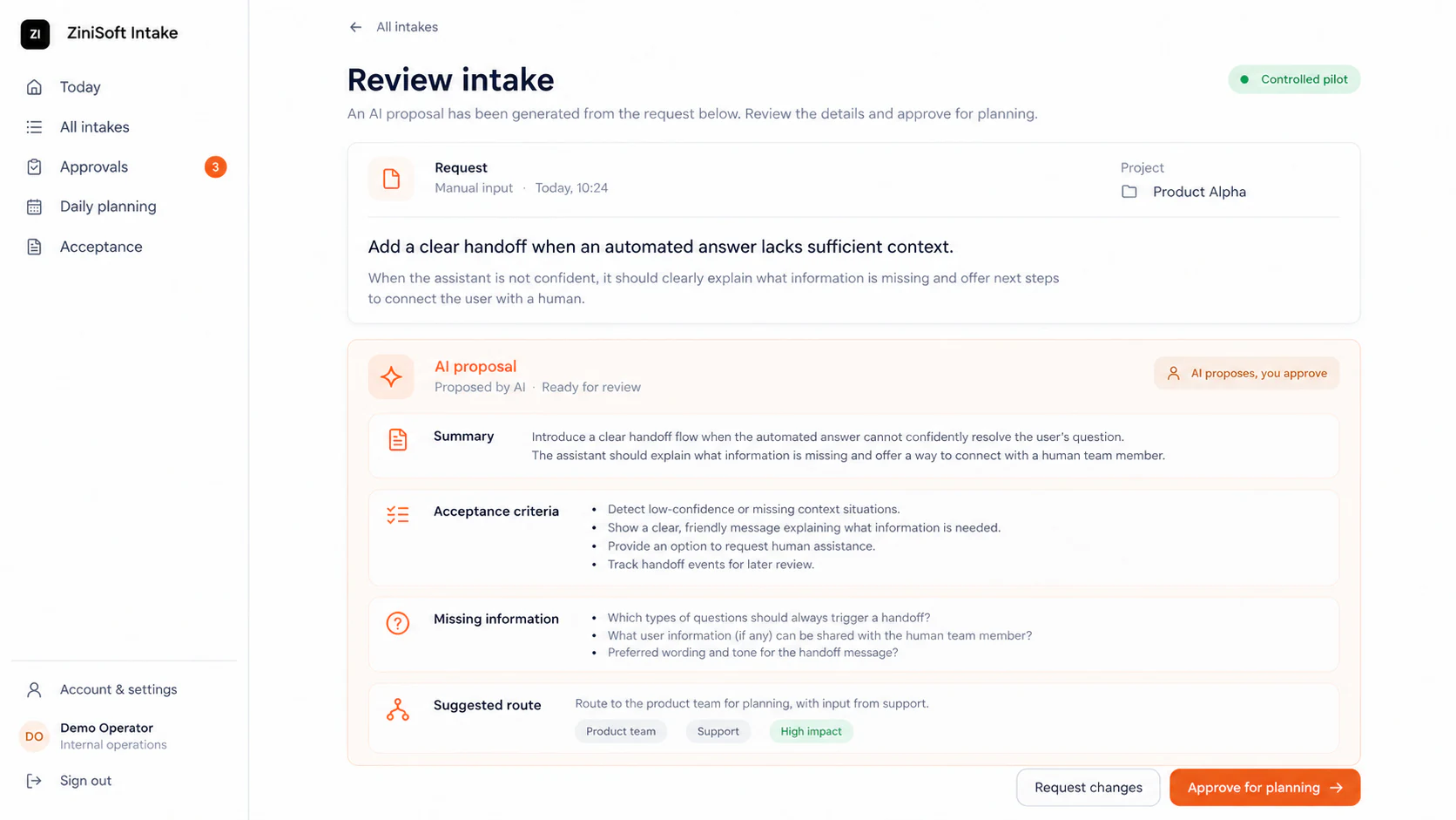 Reconstructed Intake review interface showing an AI proposal awaiting human approval