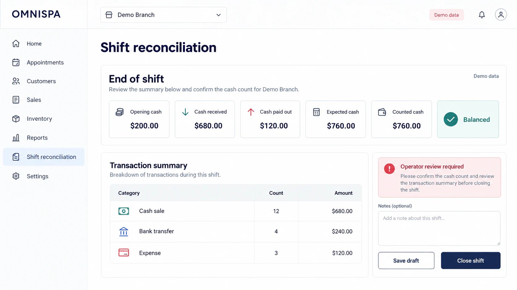 Reconstructed OmniSpa end-of-shift reconciliation interface with fictional financial data